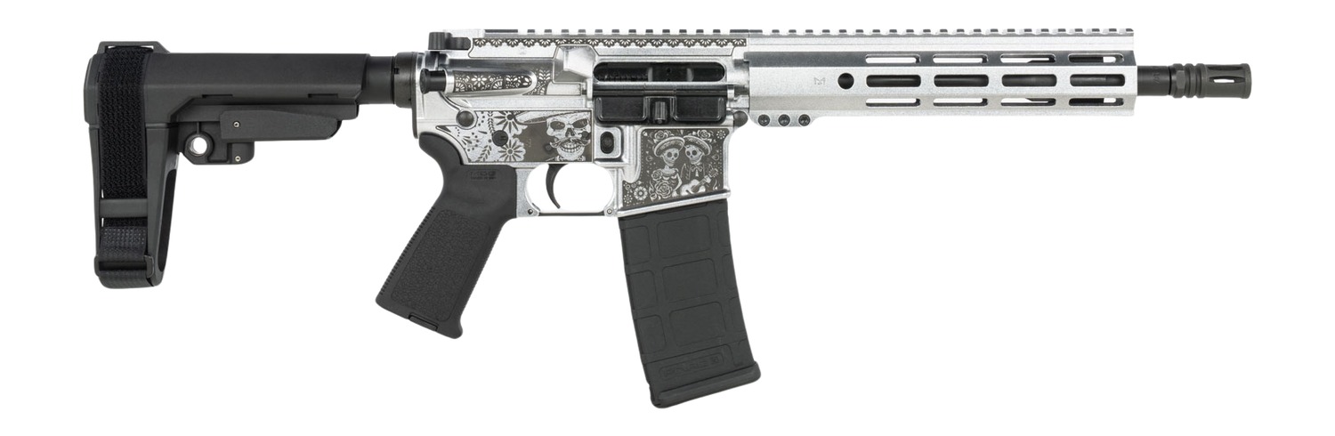 Shark Coast Tactical SCC07374DOD-P Day of the Dead 5.56 NATO 30+1 10.50″ Black Nitride Threaded Barrel, Aluminum Laser Engraved Receiver w/Picatinny Rail, M-LOK Handguard, Polymer SB Tactical SBA3 Br